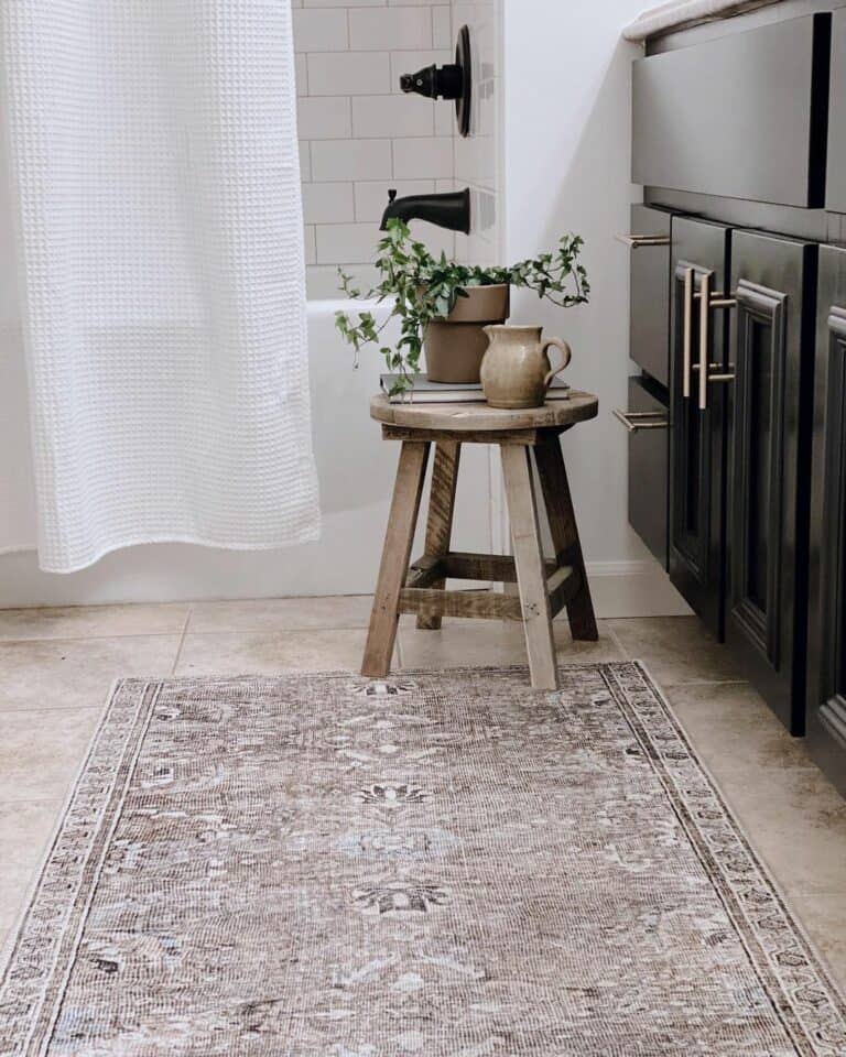 Wood Stool for White Subway Tile Shower and Tub Combo