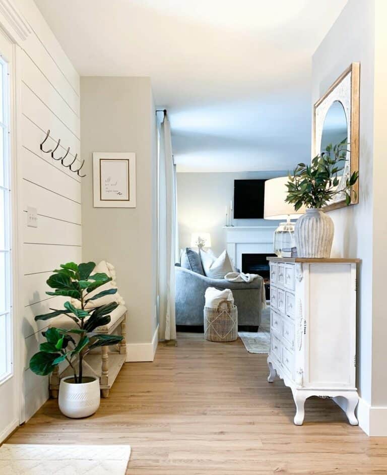 Wood and White Entryway Wall with Hooks