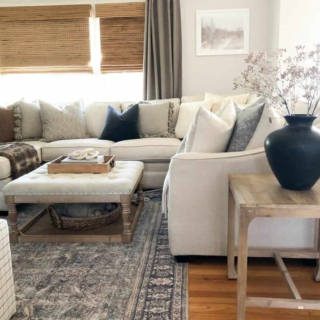 Wooden End Table with Large Black Vase