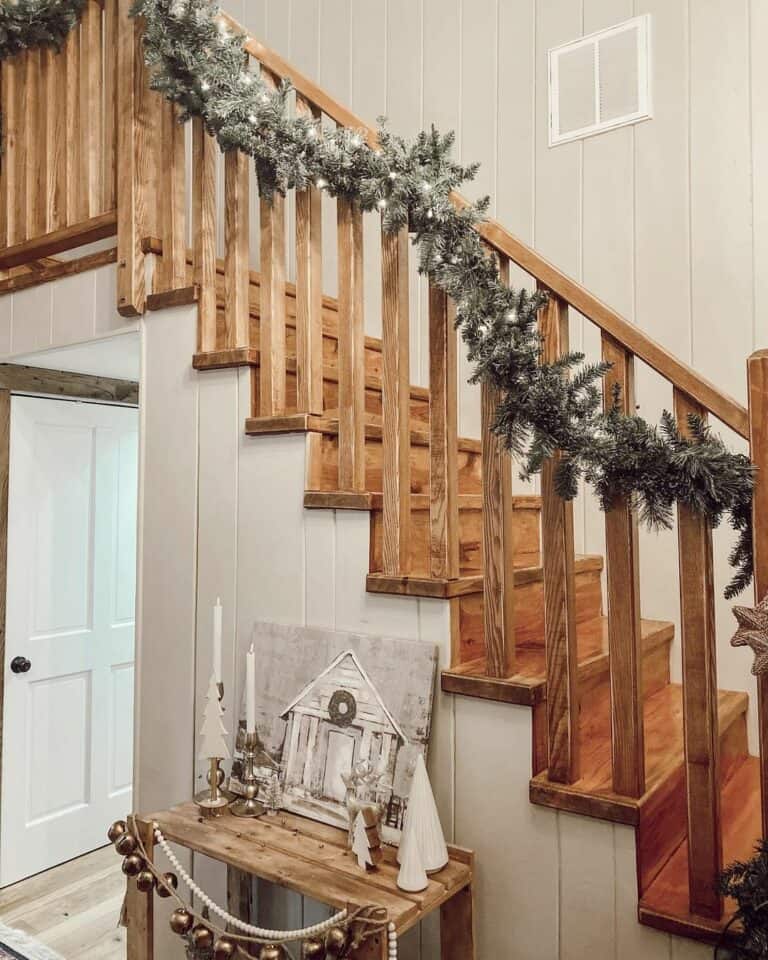 Wooden Farmhouse Staircase with Vertical Shiplap