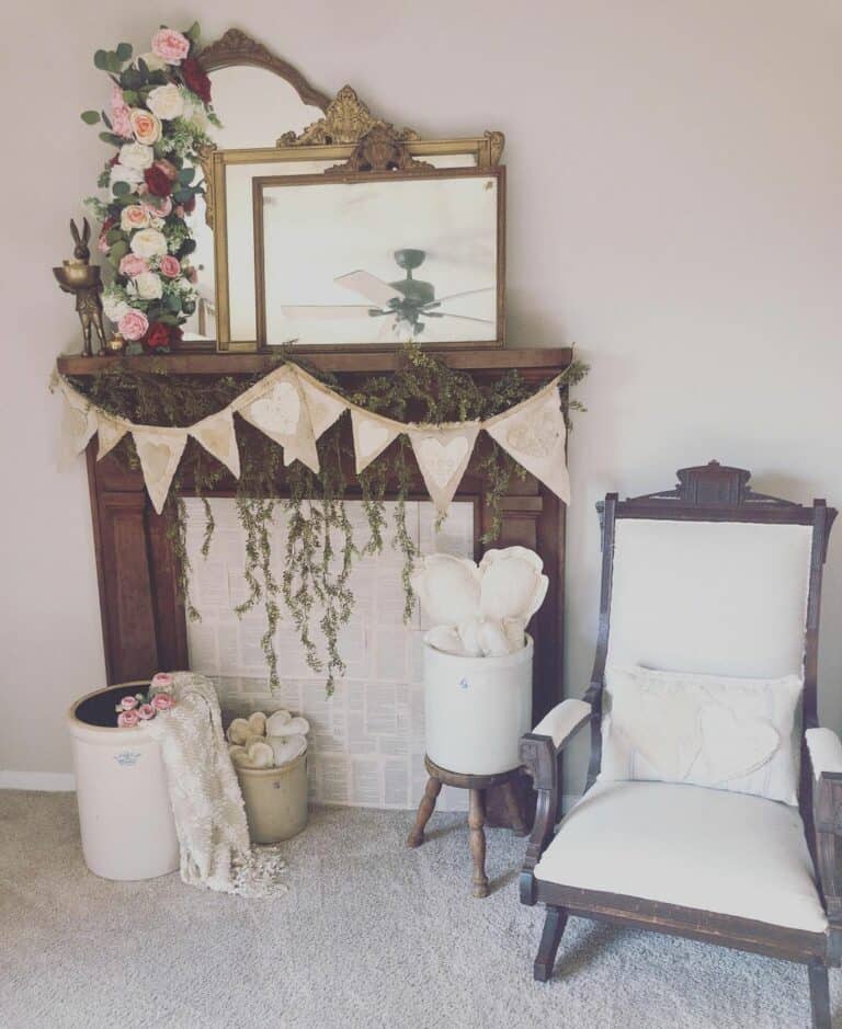 Wooden Mantel With Burlap Bunting