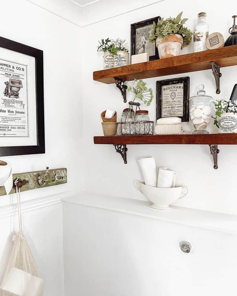 Wooden Shelves in Crisp White Bathroom