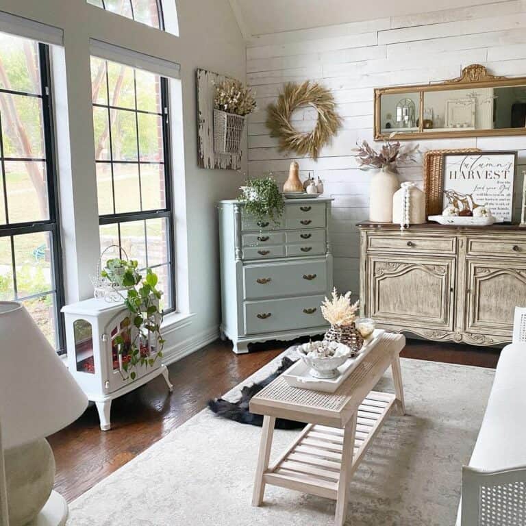 Wooden Sideboard in Bright Living Room