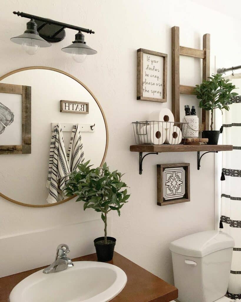 Wooden Wall Art in Rustic Farmhouse Bathroom
