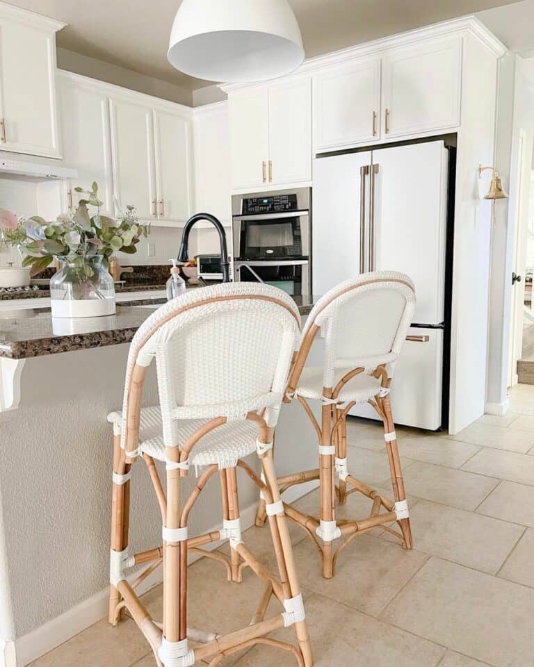 Woven Wood Chairs With Concrete Kitchen Island