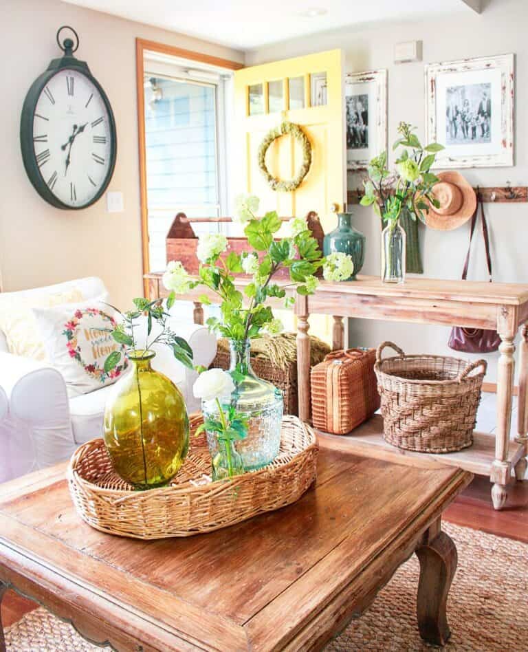 Yellow Front Door and Wood Inspired Entryway