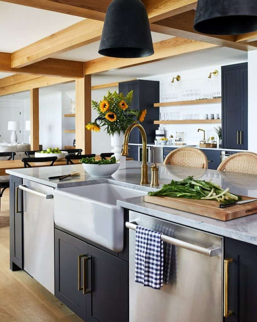 Yellow Sunflowers on a Dark Gray Kitchen Island