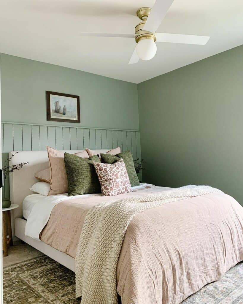 All-green Bedroom With Pink Accents
