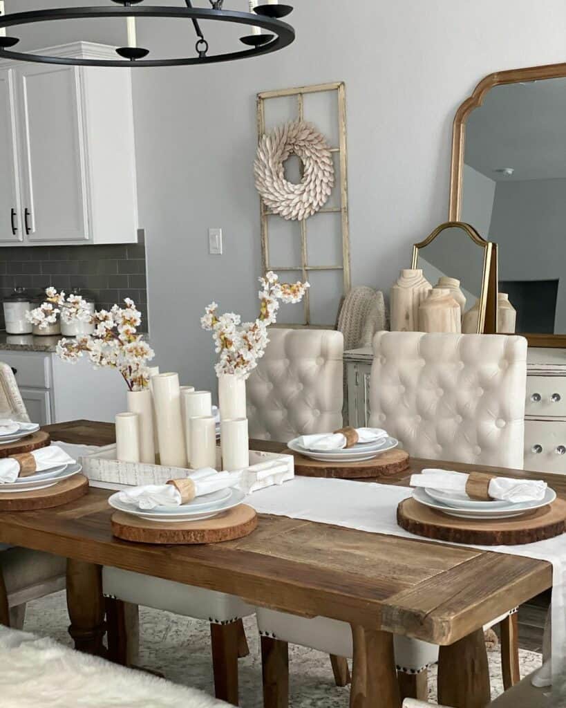 All-white Table Décor and Wood Coasters