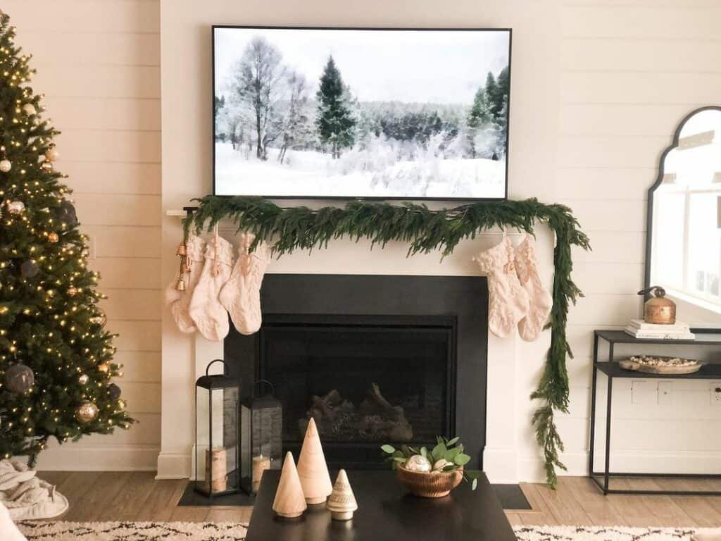 Asymmetrical Garland Draped Over Fireplace Mantel