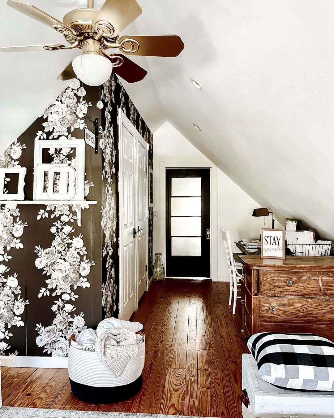 Attic Bedroom With Black and White Floral Wallpaper - Soul & Lane