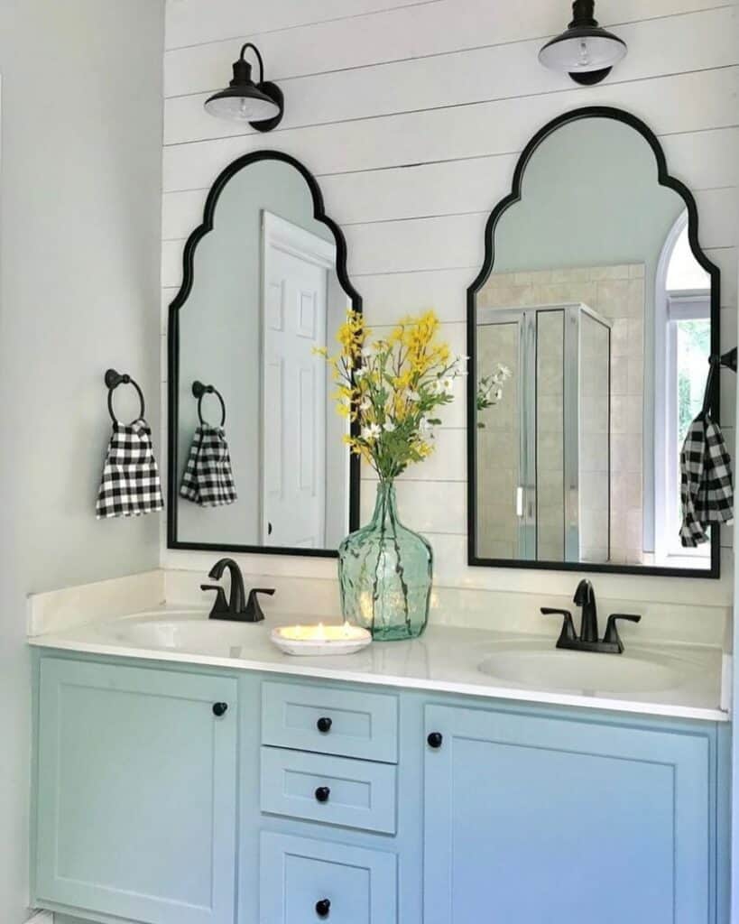 Baby-blue Vanity and Twin Black-framed Mirrors