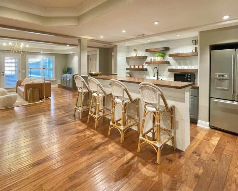 Basement Kitchen With Wooden Floating Shelves