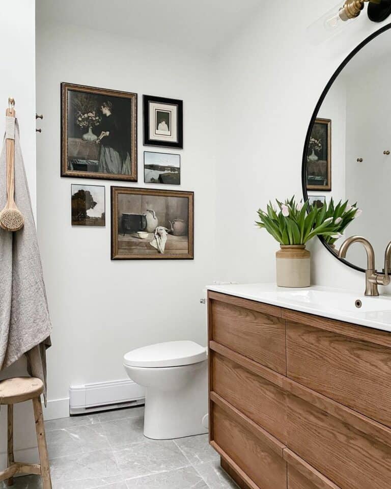 Bathroom Gallery Wall and a Rustic Stool