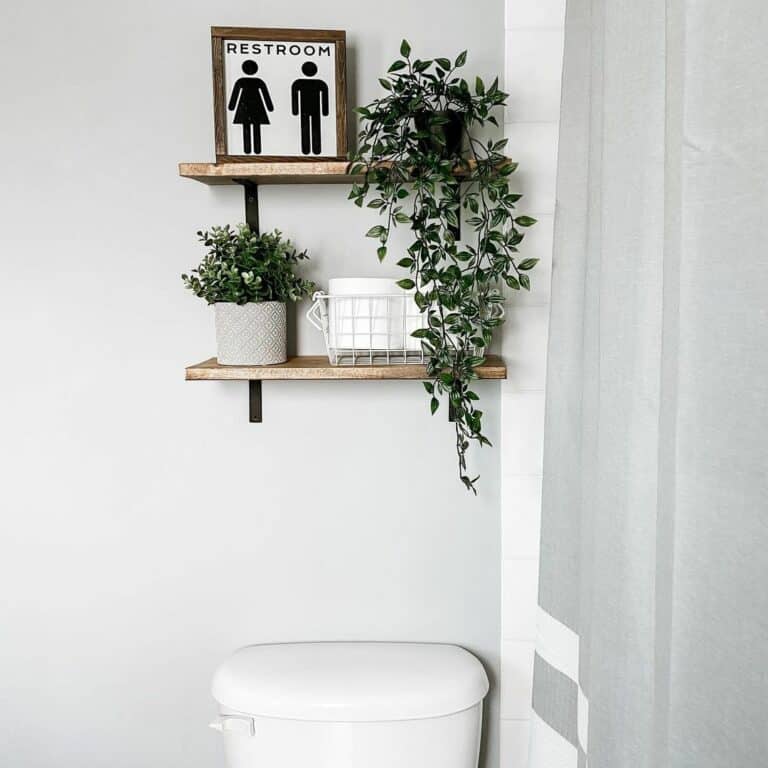 Bathroom With Wooden Wall-mounted Shelvings