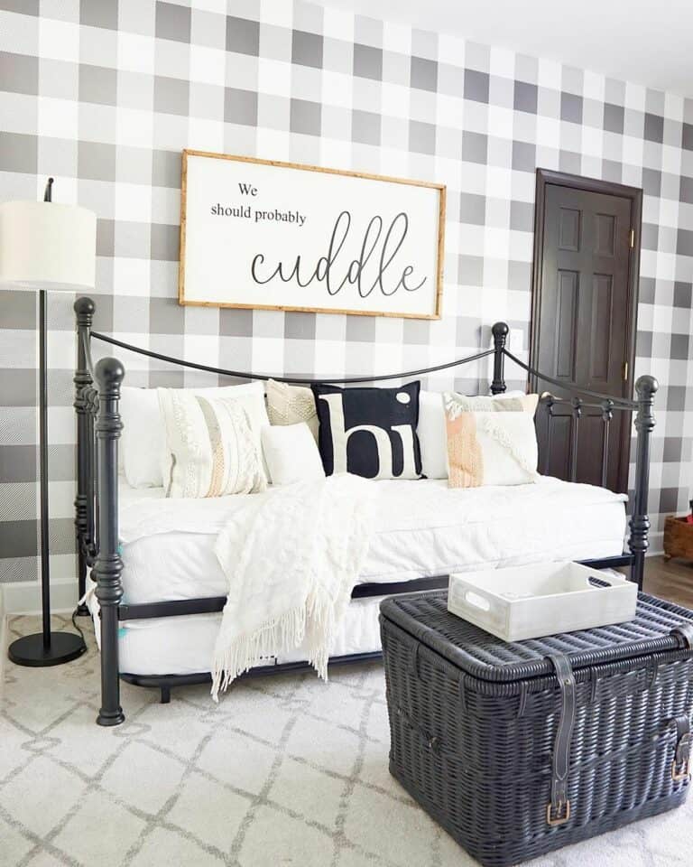 Bedroom With Black and White Buffalo Plaid Wallpaper