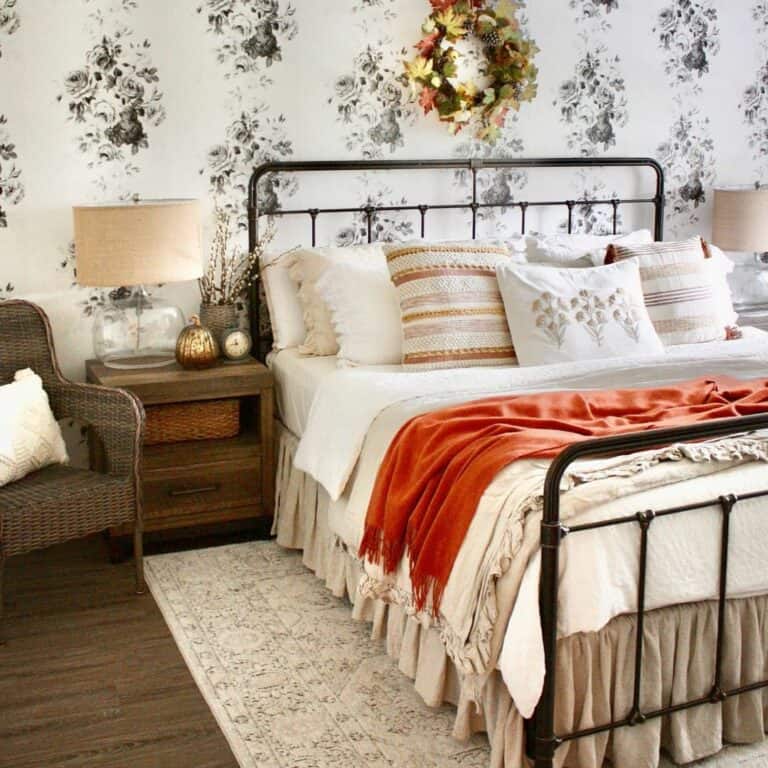 Bedroom With Monochromatic Flower-patterned Wallpaper