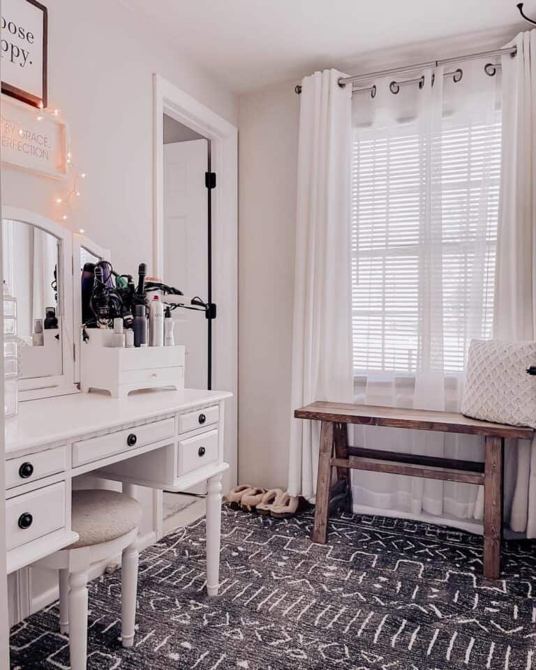 Beige Bedroom With White Makeup Vanity