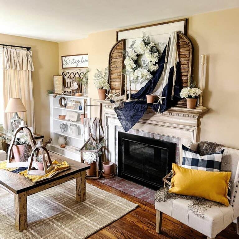 Beige Farmhouse Living Room With Yellow Décor
