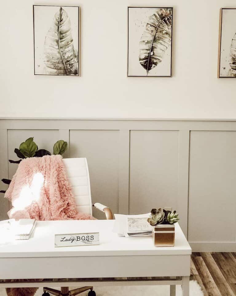 Beige Home Office Décor With Botanical Accents