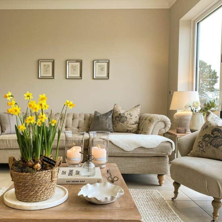 Beige Living Room With Yellow Flowers