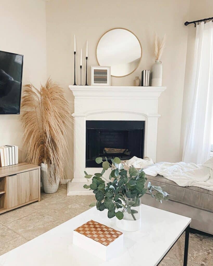 Beige and White Floor Vase With Pampas Grass