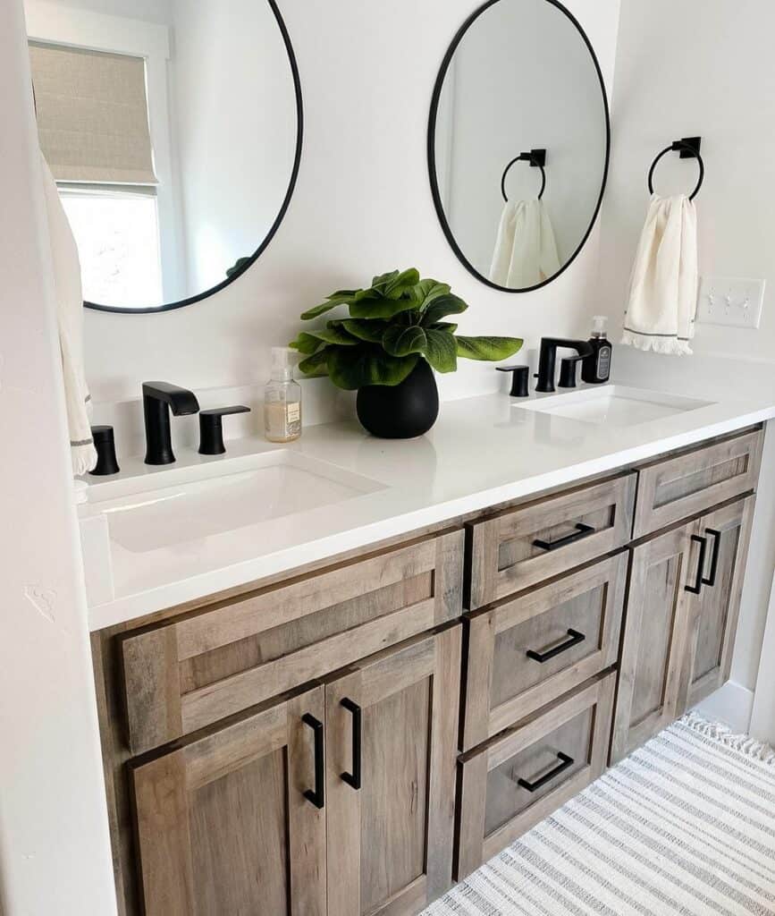 Black Accents Paired With Wooden Vanity