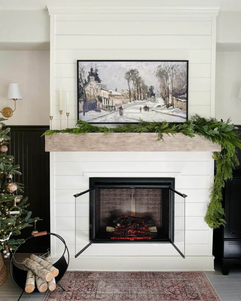 Black Beadboard Around Shiplap Fireplace Wall