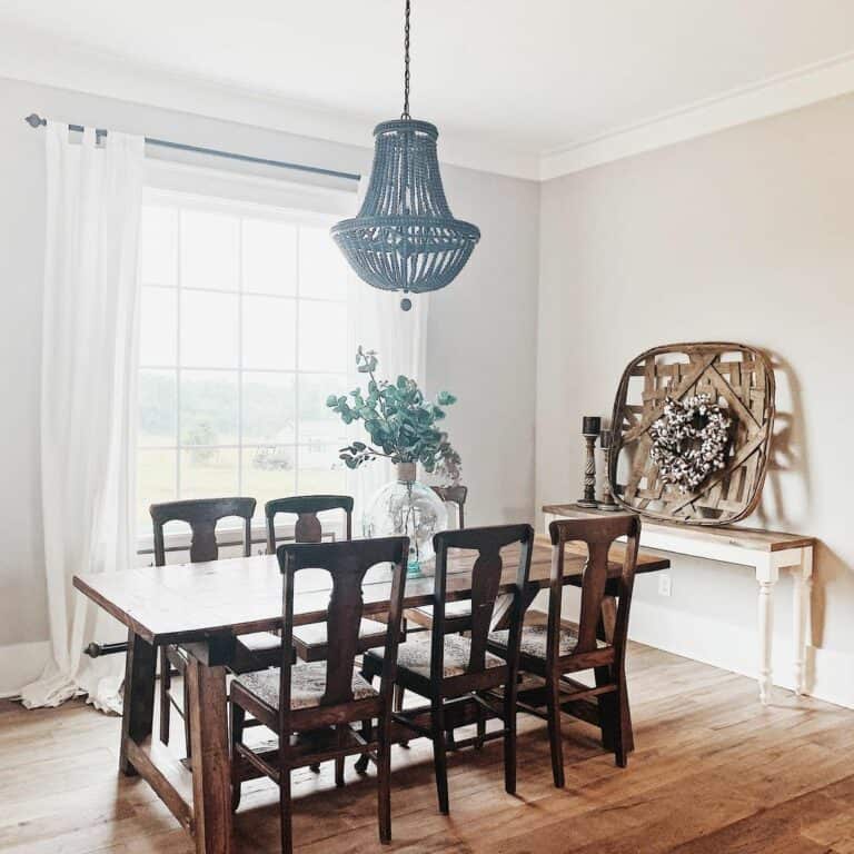 Black Beaded Chandelier and White Curtains