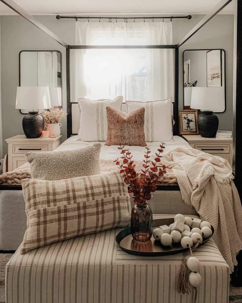 Black Canopy Bed Paired With Striped Ottoman