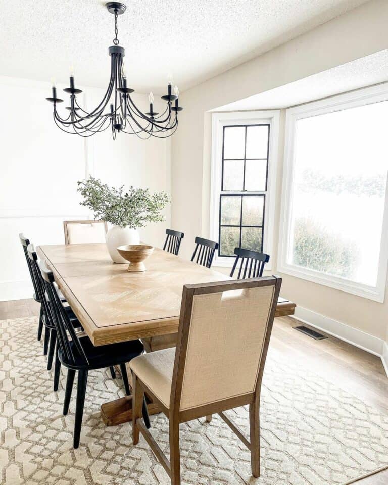 Black Chandelier Dining Room With Windsor Chairs