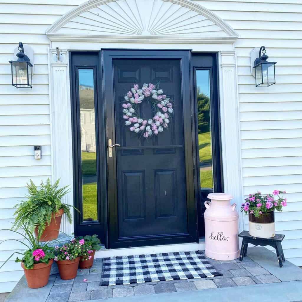 Black Door With Pink Spring Front Door Décor