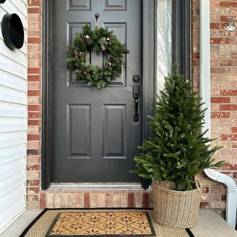 Black Entrance Front Door With Layered Mats