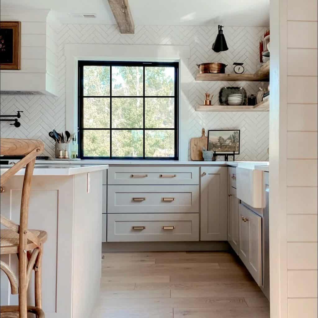 Black Farmhouse Kitchen With Window Grid Pattern
