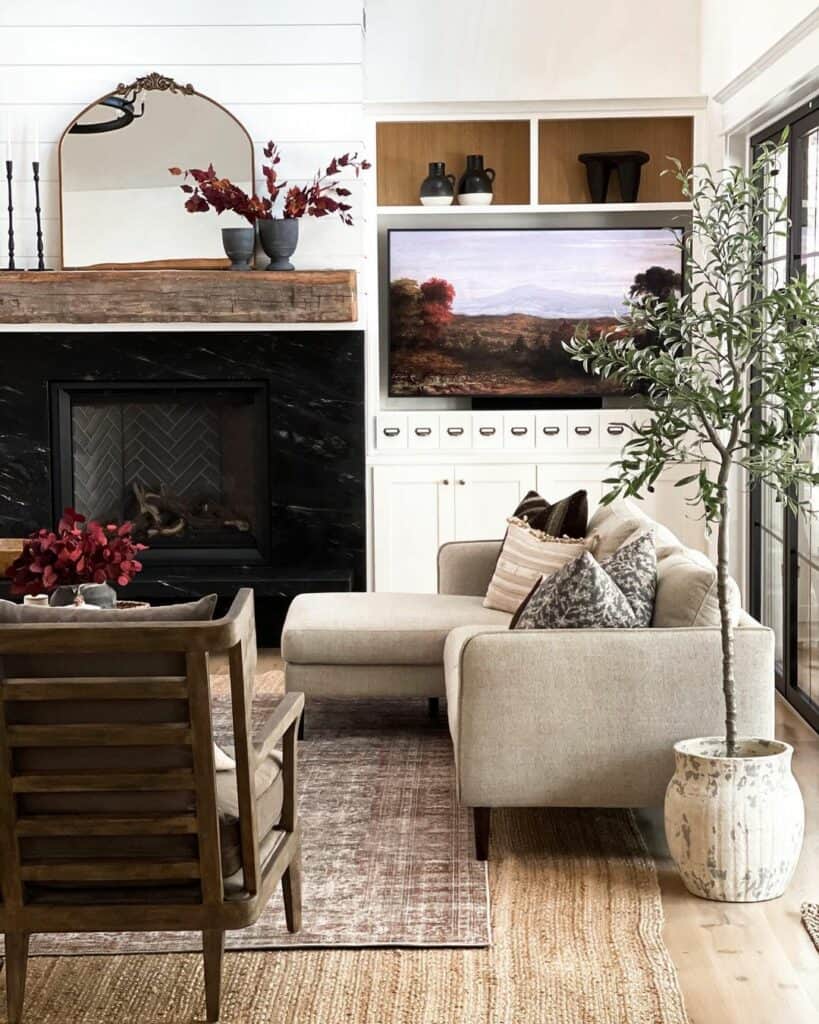 Black Fireplace in a White Shiplap Living Room