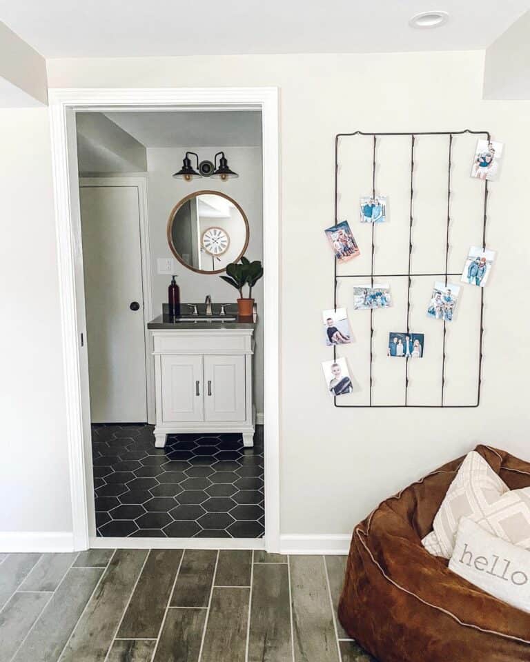 Black Hexagonal Tile in Basement Bathroom