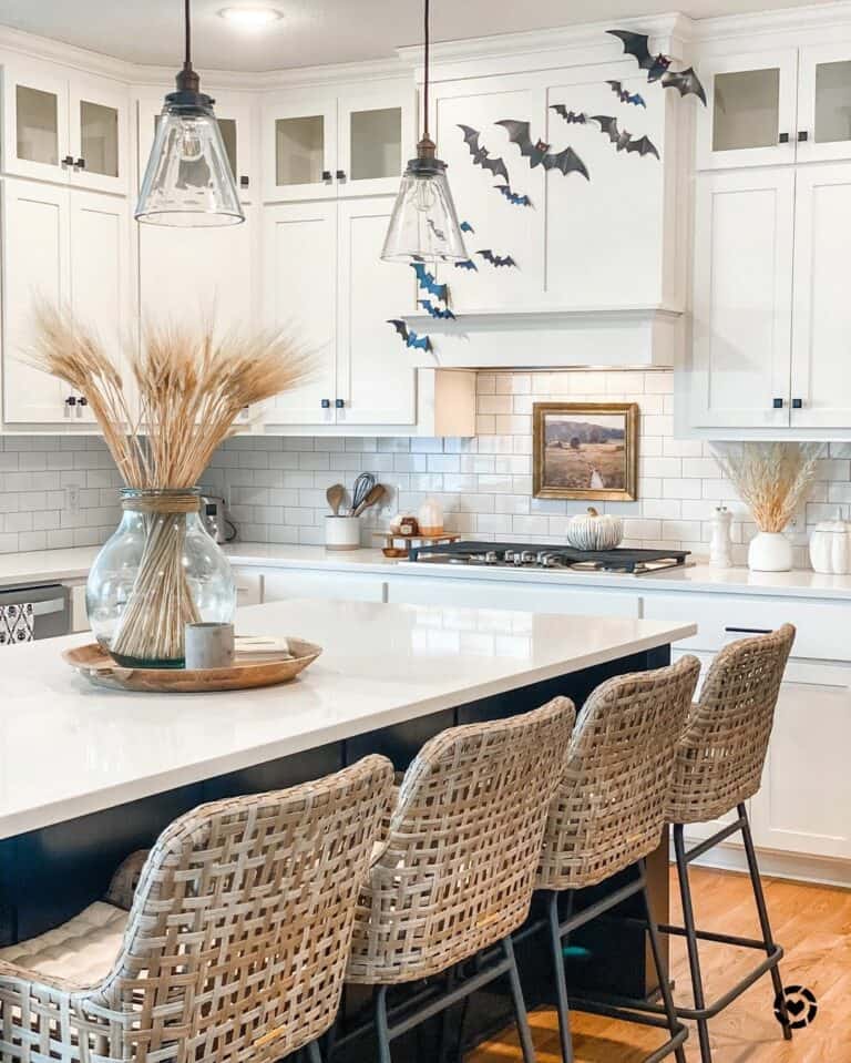 Black Kitchen Island With Rattan Counter Stools