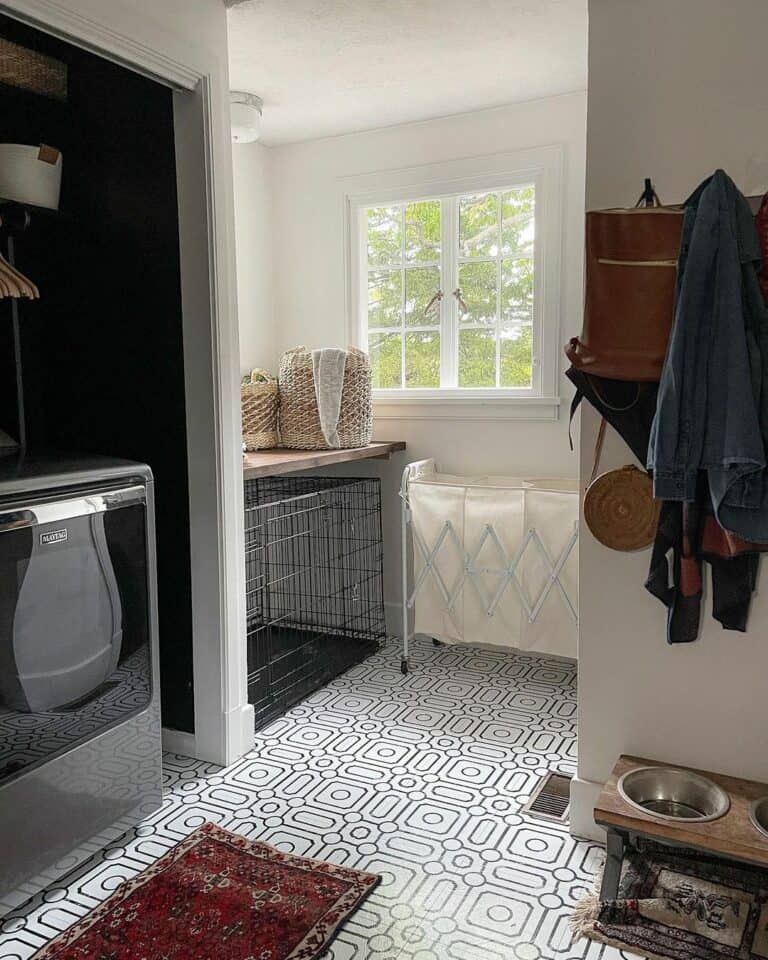Black Laundry Closet and a Geometric Tile Floor