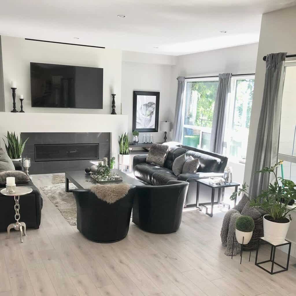 Black Leather Sofa in Neutral Living Room