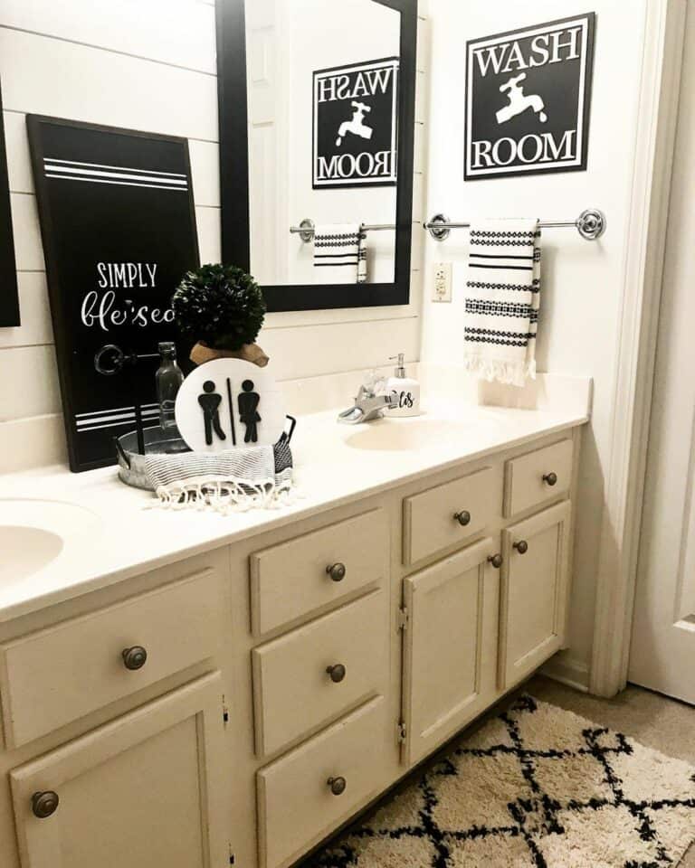 Black Signs in Black and White Bathroom