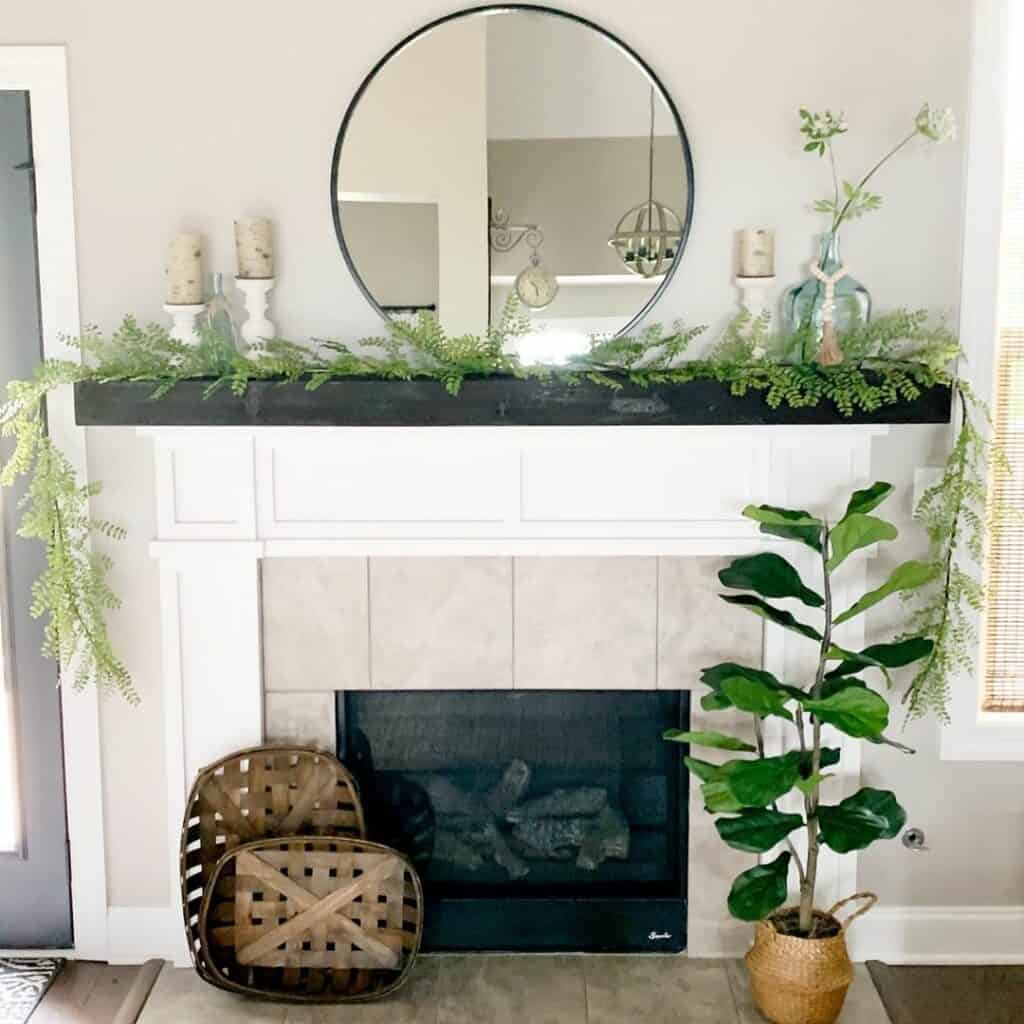 Black Wood Mantel With Summer Greenery Garland