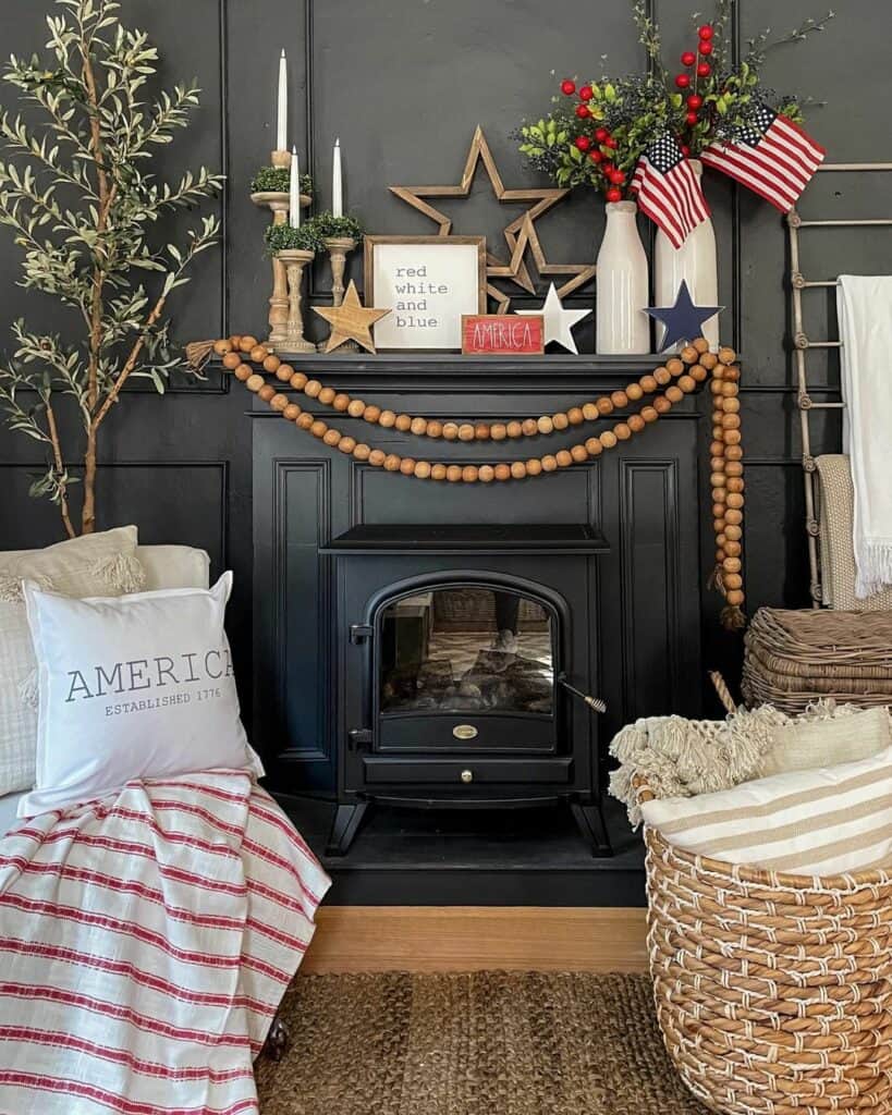 Black Wood Stove With Fourth of July Fireplace Décor