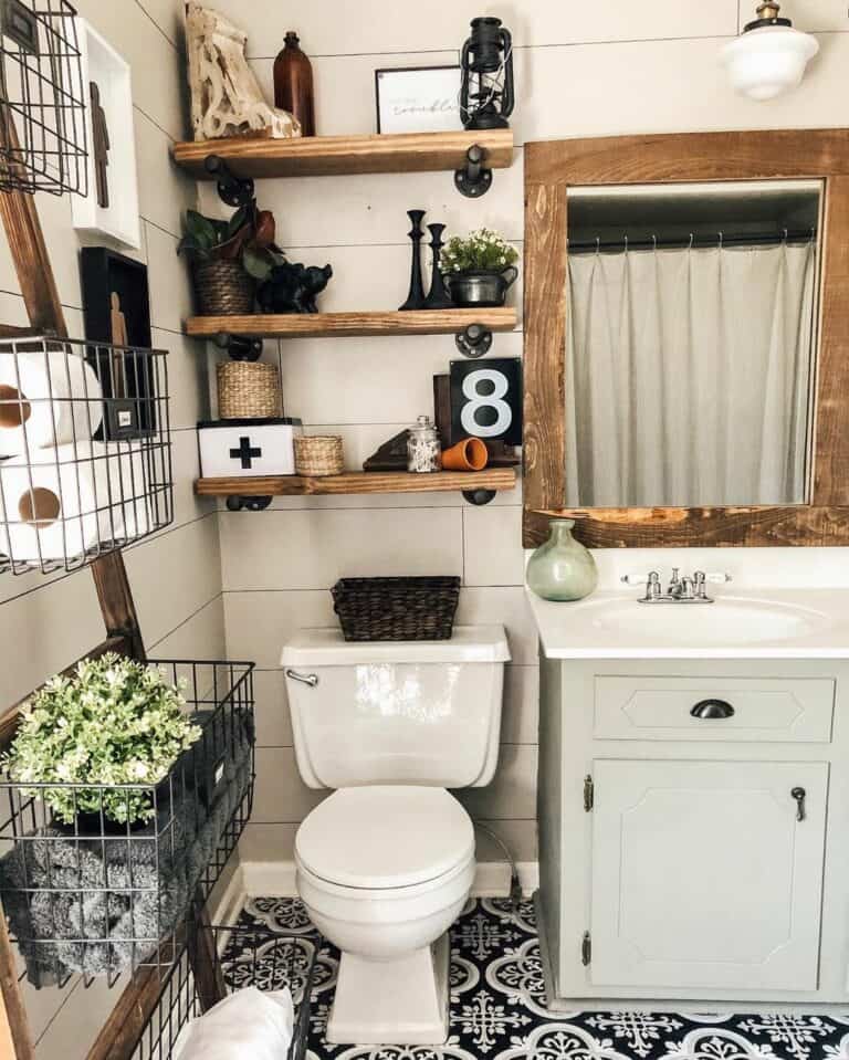 Black and White Bathroom With Wooden Accents