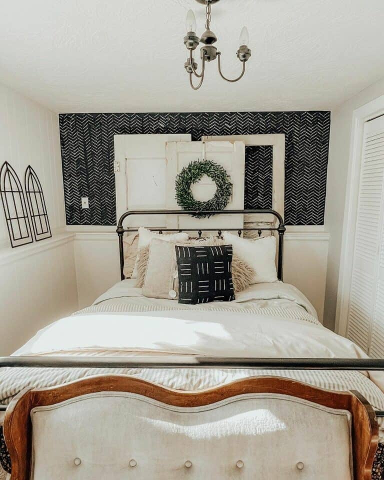 Black and White Herringbone Wallpaper Bedroom With Antique Accents