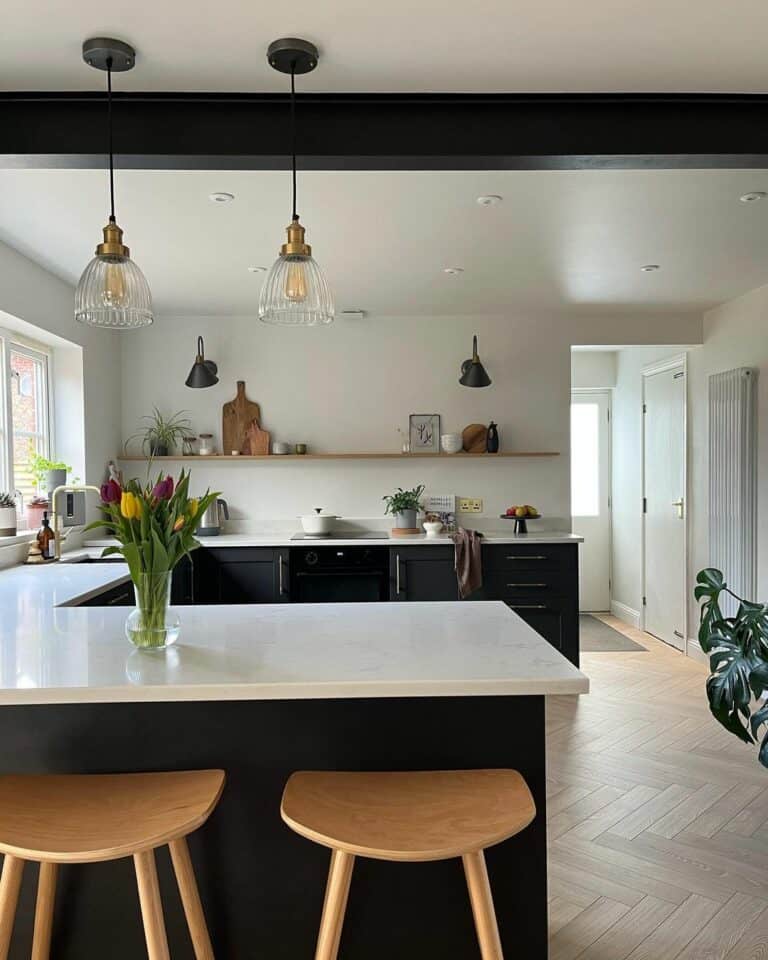 Black and White Kitchen With Wooden Touches