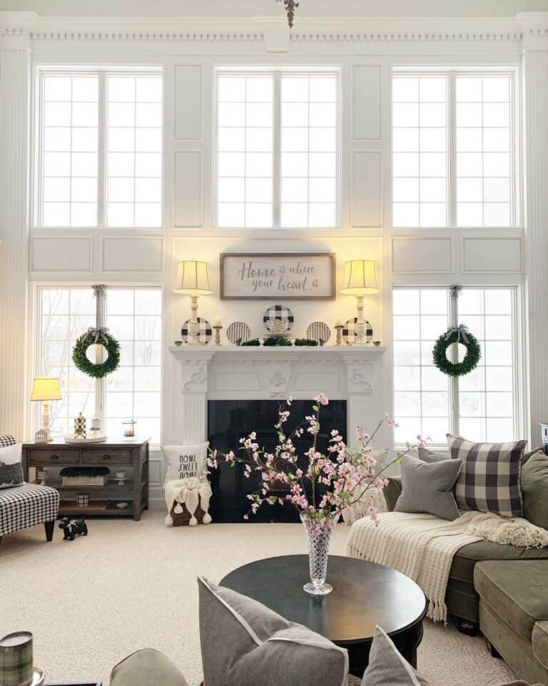 Black and White Living Room With Wreaths