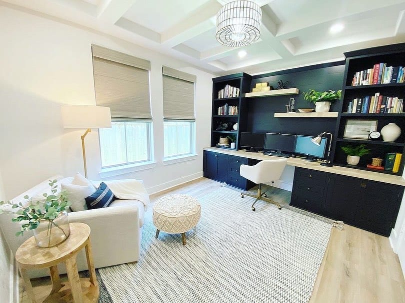 Black and White Office With Built-in Cabinets