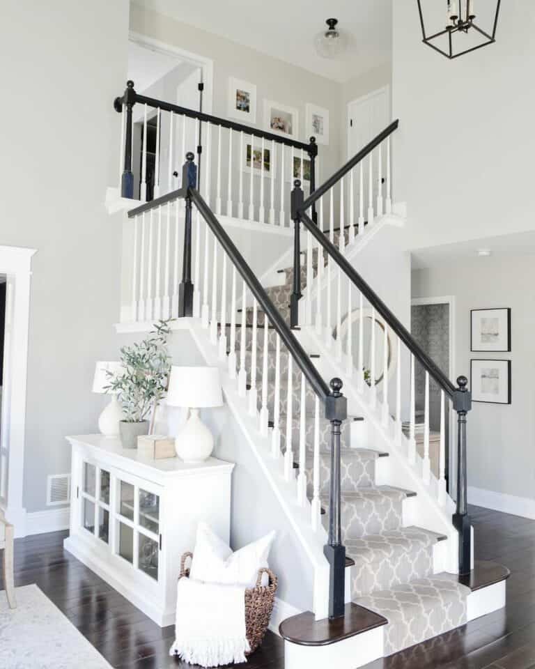 Black and White Staircase with Grey Runner