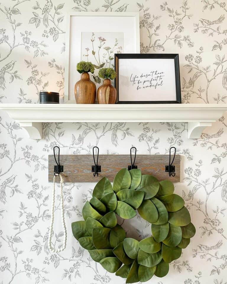 Black and White Wildflower Wallpaper With Shelves