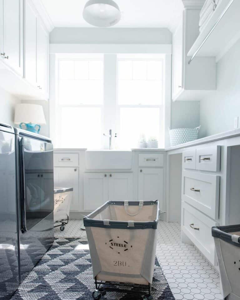 Blue Lamp and White Baskets With Wheels